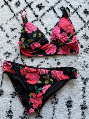 Billabong Black Bikini with Pink and Green Floral Print